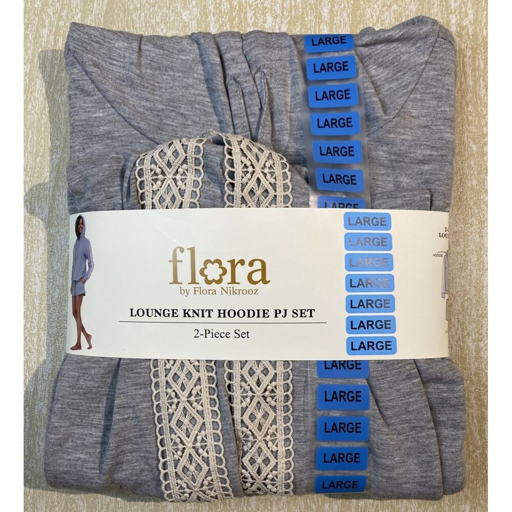 NWT Flora by Flora Nikrooz Hoodie PJ Set Womens Size Large 2 Pc Lounge Knit Grey